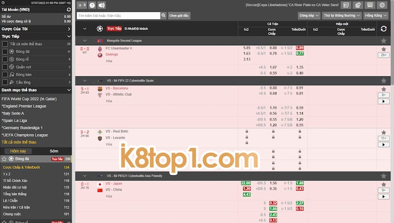 Đa dạng tỷ lệ kèo trực tuyến K8